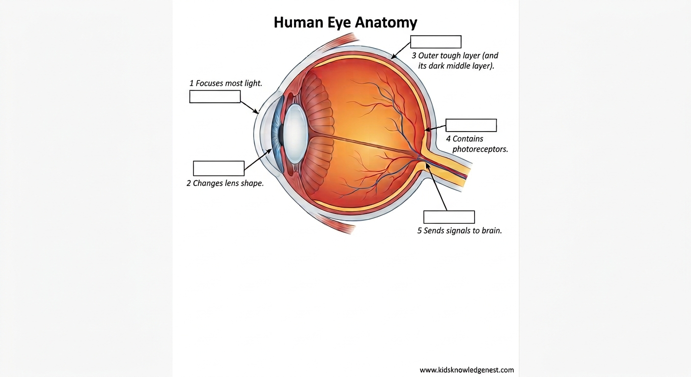 Human eye anatomy diagram worksheet showing labeled parts including cornea, ciliary muscle, sclera, retina, and optic nerve with function clues