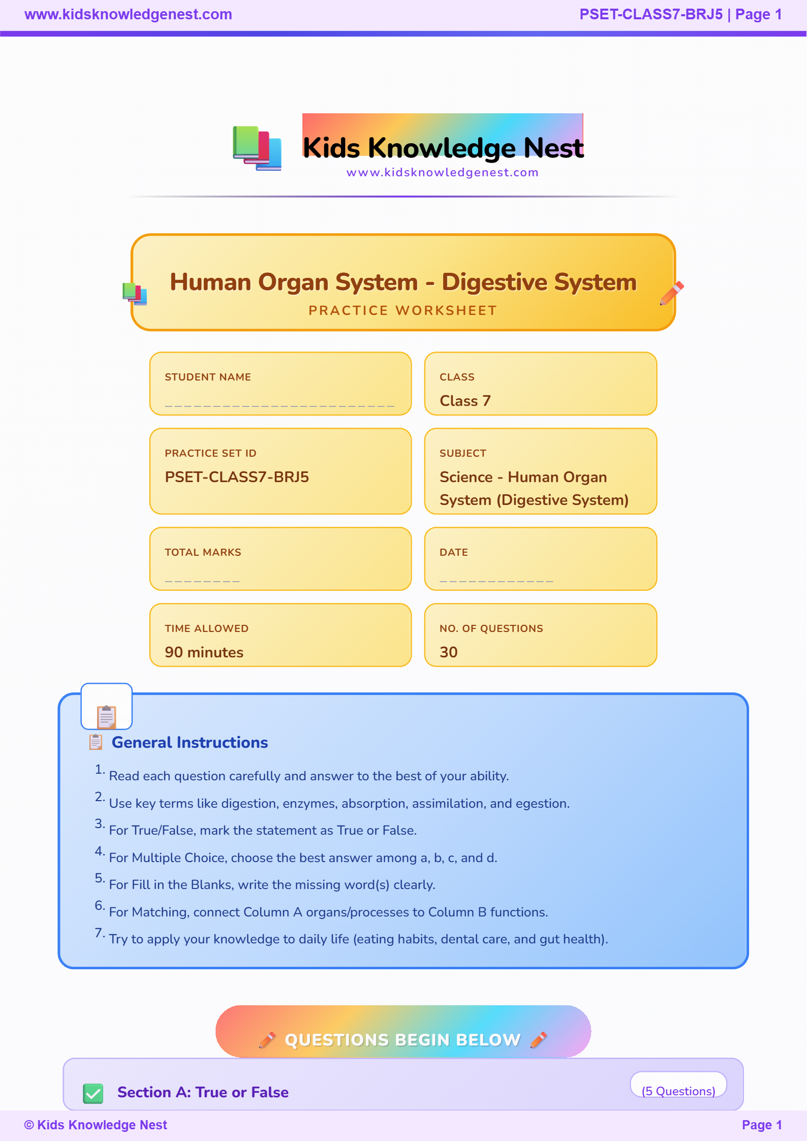 Human Digestive System Worksheet, Class 7 Science Biology, Digestive Organs Functions, Digestive Enzymes Questions, Villi Absorption Quiz, Healthy Digestion PDF, Stomach Acid MCQs, Nutrition Science Practice  www.kidsknoledgenest.com
