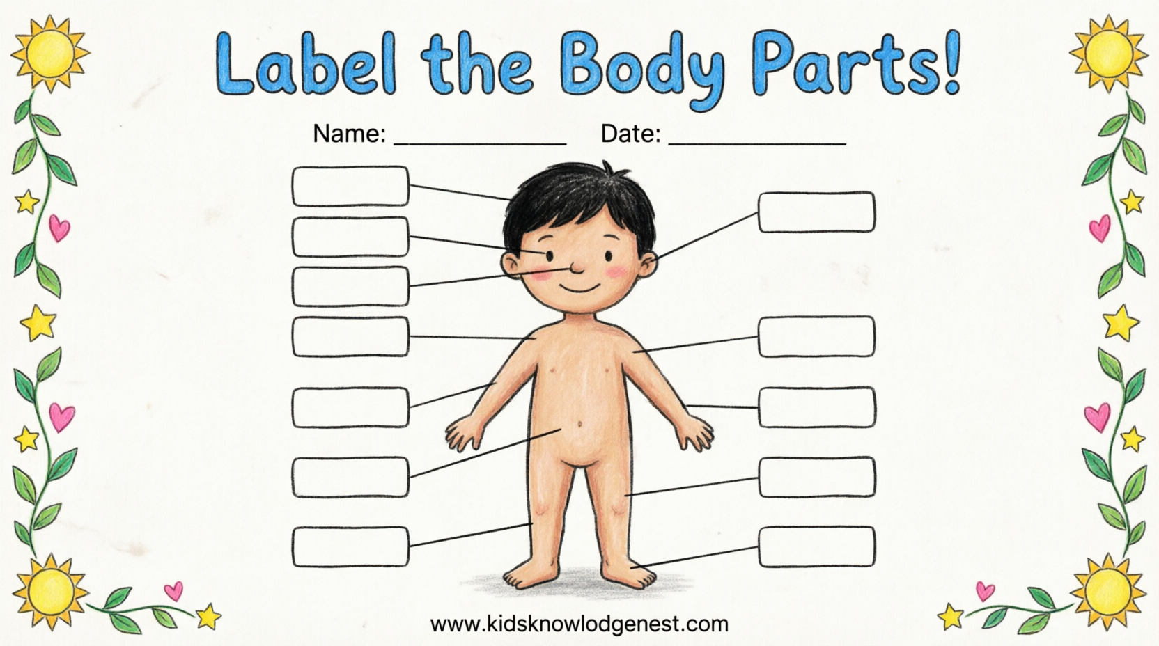 Blank 'Label the Body Parts' worksheet for kids grades 1-5 featuring a cartoon boy with empty label boxes connected by lines. Colorful sun and vine border design from Kids Knowledge Nest for bilingual English-Hindi anatomy learning www.kidsknowledgenest.com