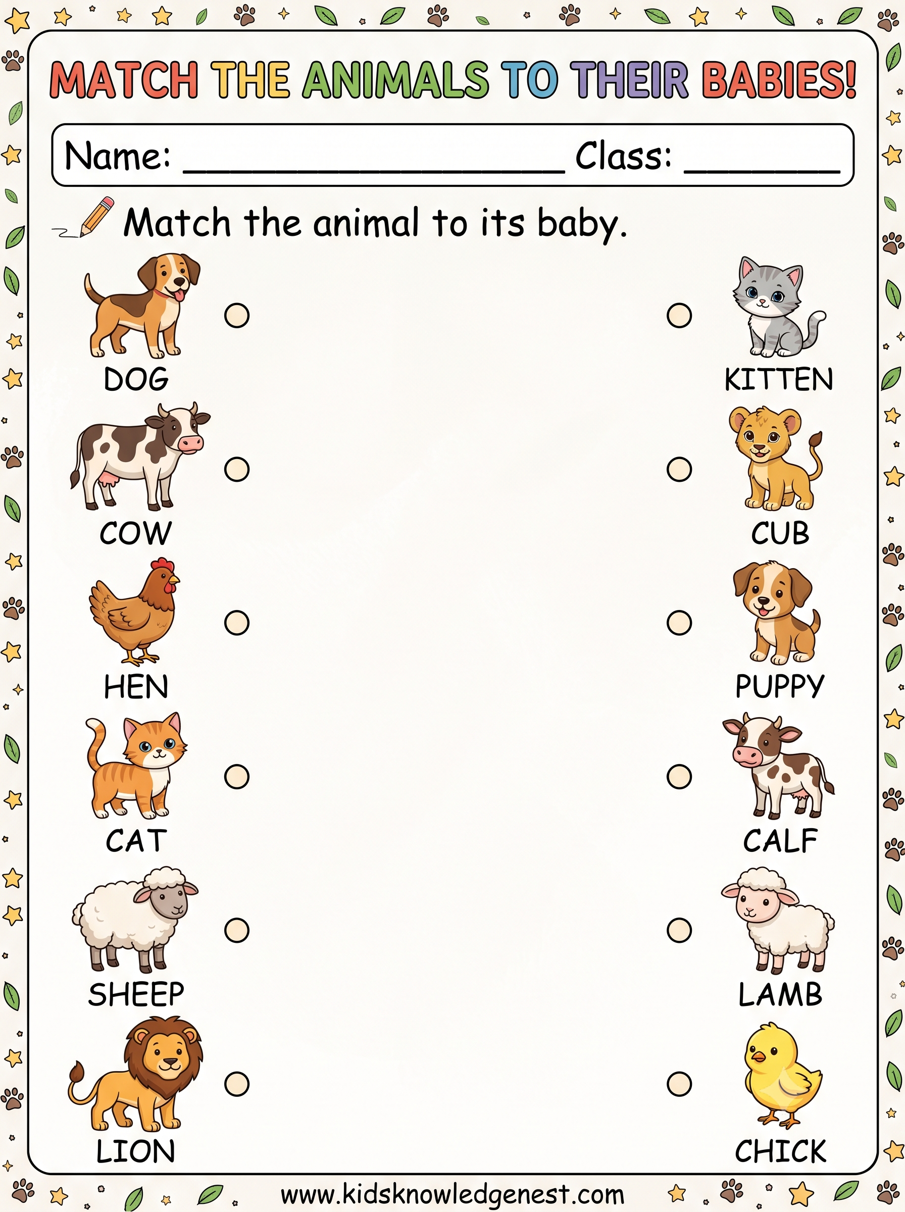 A high-quality primary classroom worksheet titled Match Animals to Their Habitats featuring 10 colorful animal illustrations alongside 10 habitat options for kids to connect, complete with Name and Class headers and kidsknowledgenest.com branding.