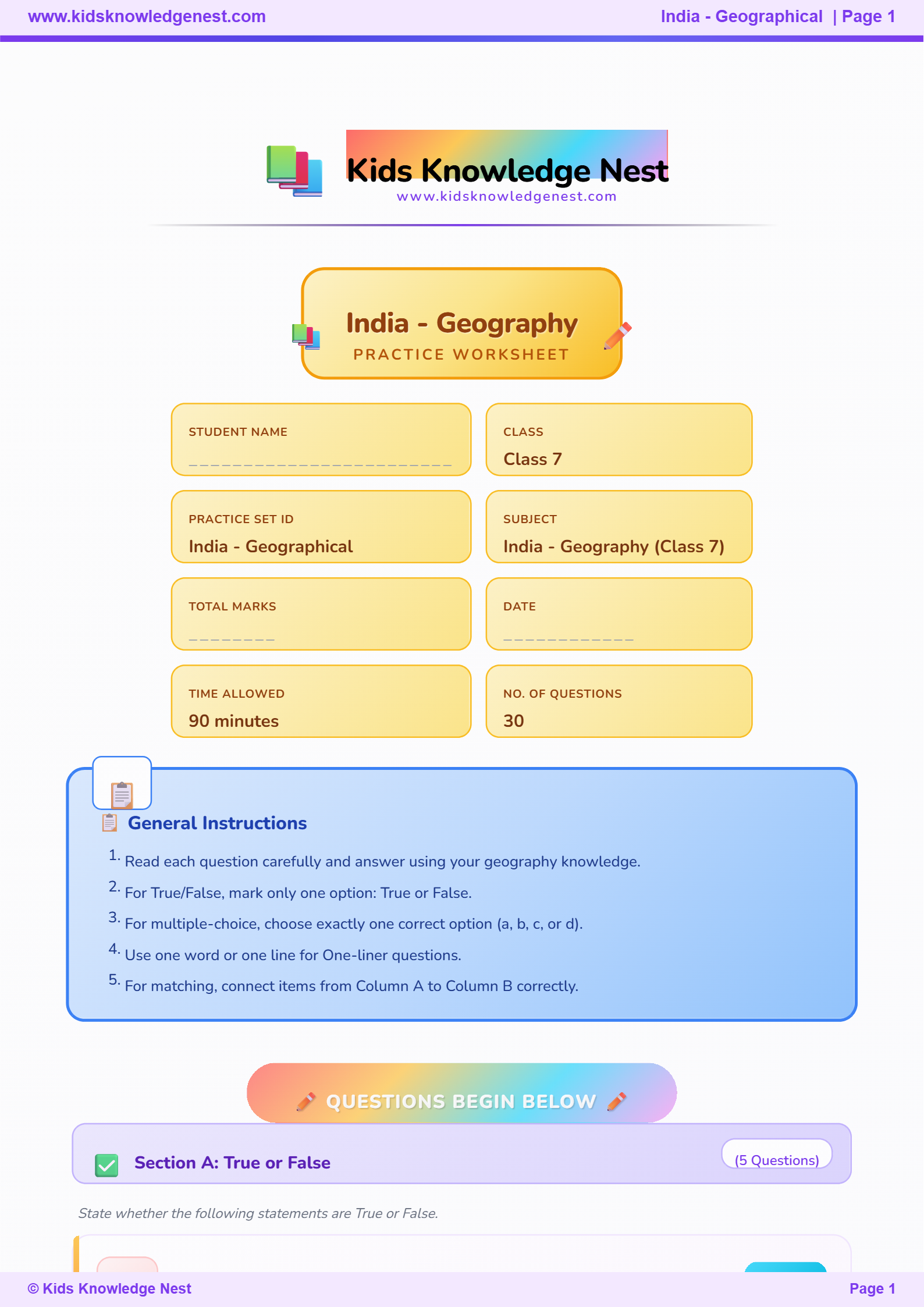 Master India's six major physiographic divisions with this comprehensive worksheet. Includes questions on the Himalayas, Northern Plains, Peninsular Plateau, Deserts, Coastal Plains, and Islands. Download PDF. www.kidsknowledgenest.com