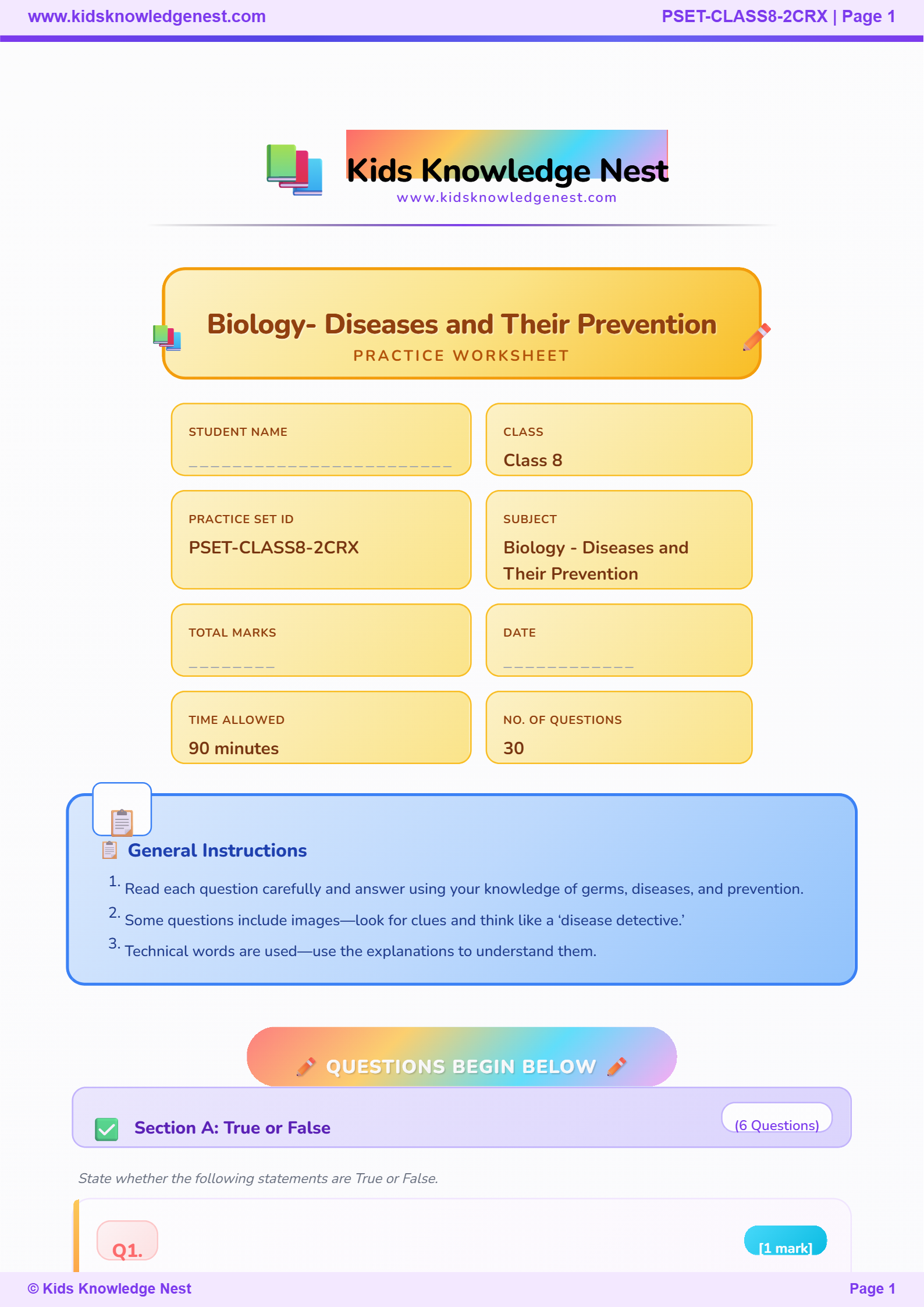 Class 8 Science worksheet about diseases and their prevention, covering tuberculosis, bacterial and viral diseases, influenza, swine flu, germs, disease transmission and preventive measures from www.KidsKnowledgeNest.com.